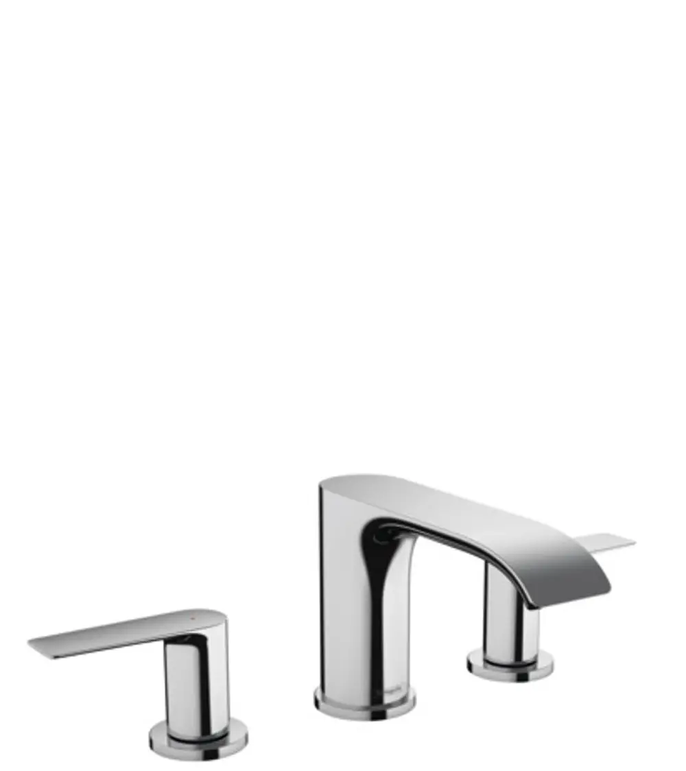 Hansgrohe Waschtischarmatur in Chrom mit drei Teilen: zwei Hebeln und einem Wasserhahn. Jede Komponente hat eine klare, moderne Form und ist auf einer weißen Fläche abgebildet.